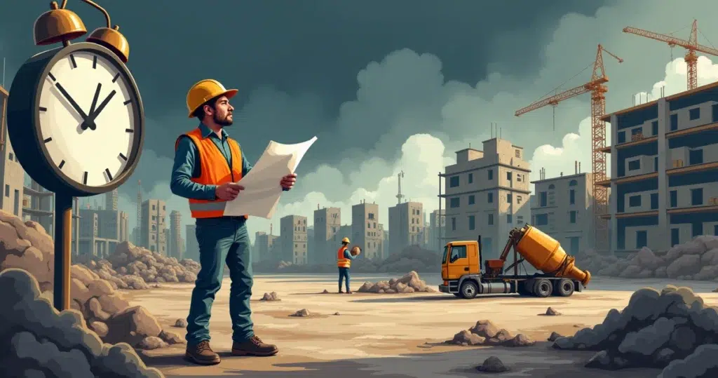 Ilustração de um canteiro de obras com trabalhador frustrado diante de atrasos.