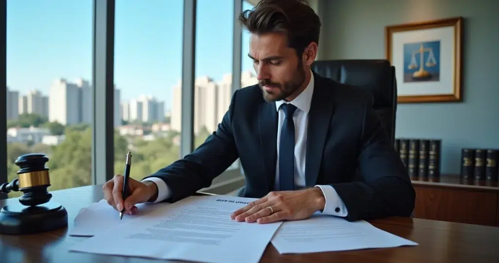 Advogado analisando contratos de imóvel em mesa cheia de documentos, com janela e estante de livros ao fundo.