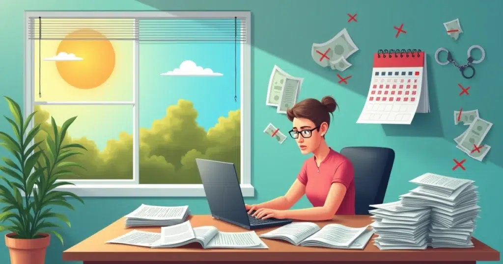 Ambiente de escritório com uma pessoa angustiada sentada, cercada por papéis, simbolizando a rescisão de um contrato.