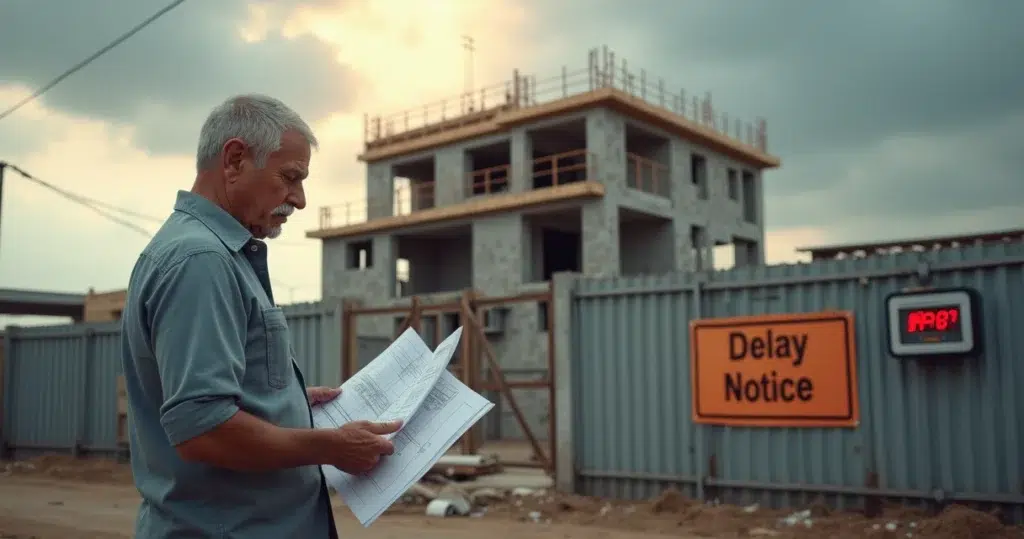 Homem frustrado com projeto de construção inacabado e aviso de atraso visível ao fundo.