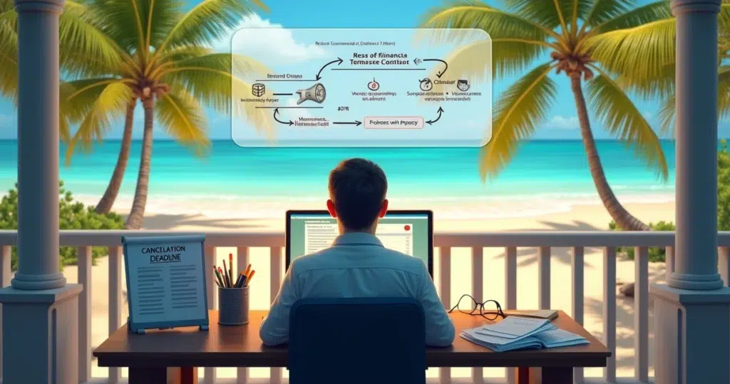 Ilustração de uma cena de cancelamento de resort com documentos e computadores ao lado da praia.
