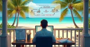 Ilustração de uma cena de cancelamento de resort com documentos e computadores ao lado da praia.