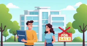 Casal em frente a um prédio moderno, com um sinal de 'Venda' ao lado e documentos na mão.