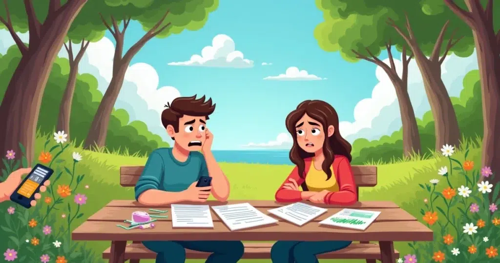 Casal frustrado em um parque, com documentos sobre distrato em uma mesa de piquenique.