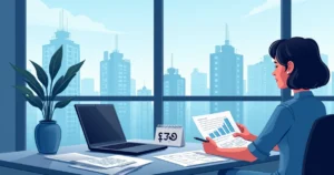 Homem analisando documentos em escritório moderno sobre compra de imóvel na planta. Vista da cidade ao fundo.