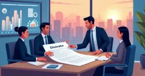 Profissionais discutindo o processo de distrato de imóveis em um escritório moderno, com vista da cidade ao fundo.
