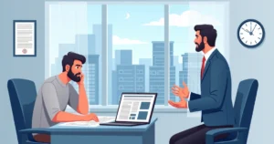 Ilustração de consultor imobiliário e proprietário discutindo distrato de lote em escritório com documentos.