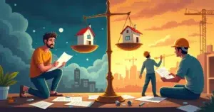 Ilustração do distrato imobiliário, mostrando consumidor preocupado e construtora com projetos, simbolizando incerteza e esperança.