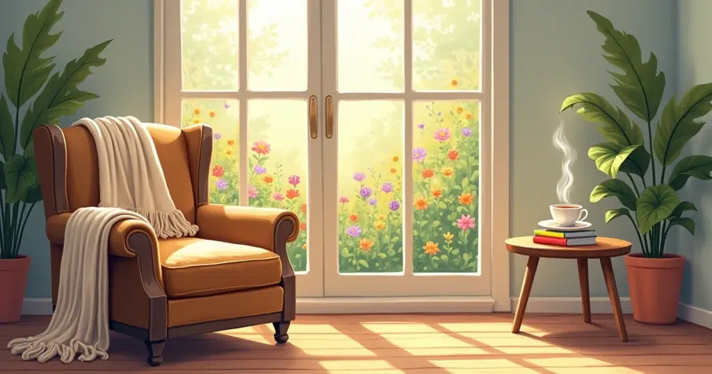 Espaço interno acolhedor com poltrona, mesa ao lado com chá, livros coloridos e luz suave entrando pela janela.