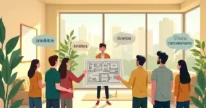 Grupo de compradores de imóveis examinando um projeto em uma sala bem iluminada, com vista para a cidade.