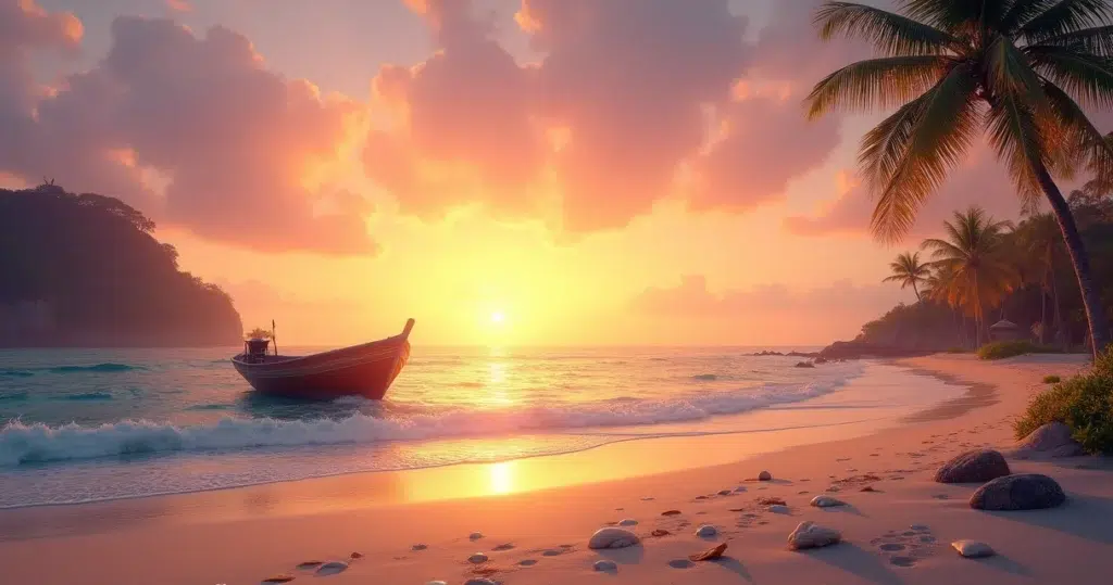 Paisagem tranquila de praia ao pôr do sol com ondas suaves e barco ancorado.