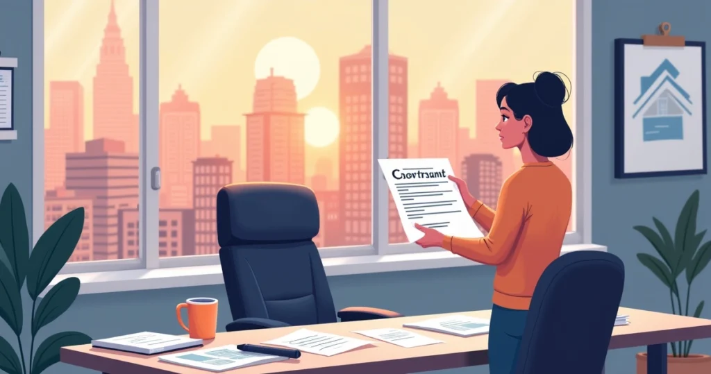 Ilustração de uma pessoa em escritório moderno, segurando um contrato relacionado ao distrato de imóvel.