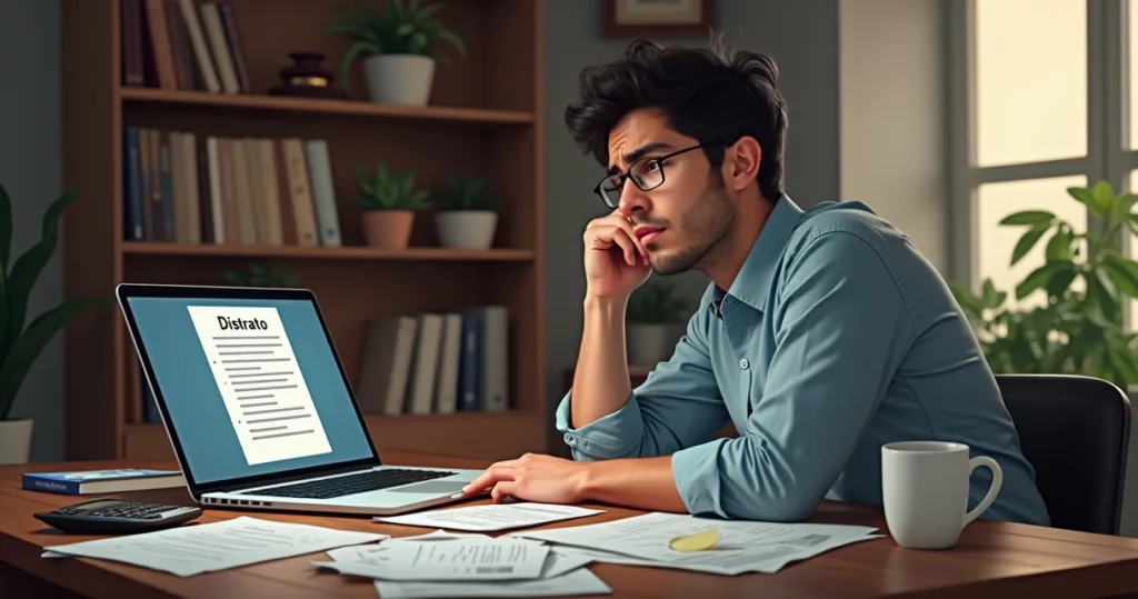 Uma pessoa preocupada olhando para um laptop com documentos sobre distrato, em um ambiente de trabalho.