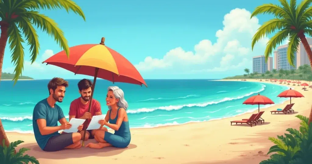 Homens e mulheres discutindo termos de propriedade em uma praia tranquila com céu azul e palmeiras.