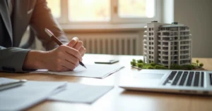 Pessoa assinando contrato de compra de apartamento com maquete de prédio ao lado
