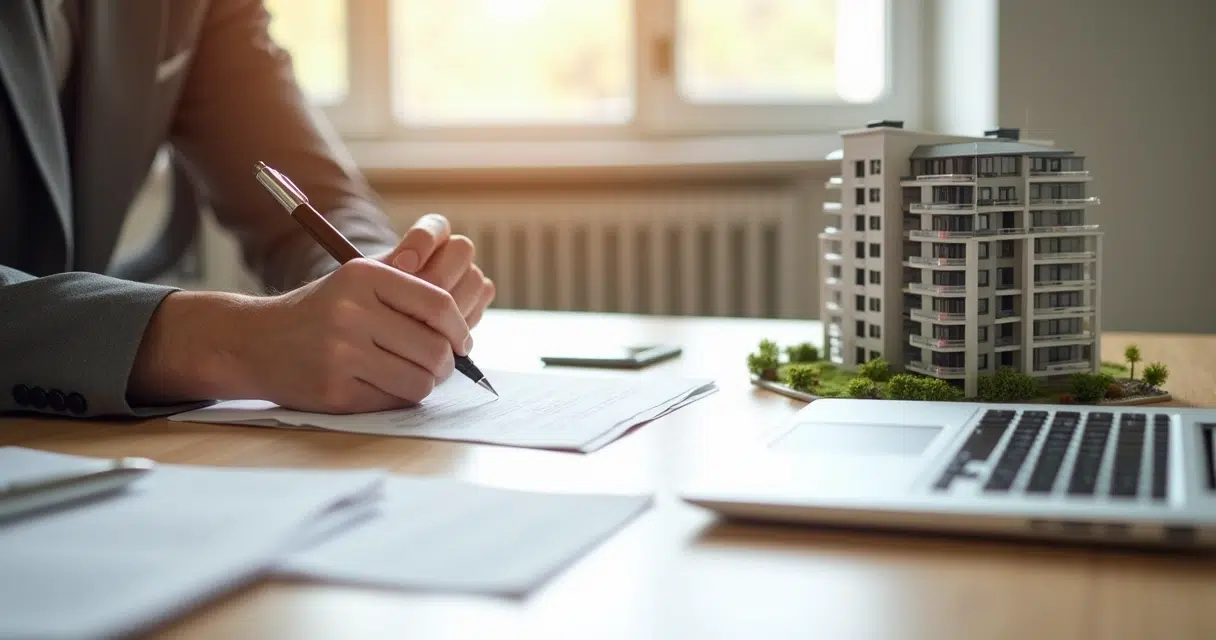 Pessoa assinando contrato de compra de apartamento com maquete de prédio ao lado