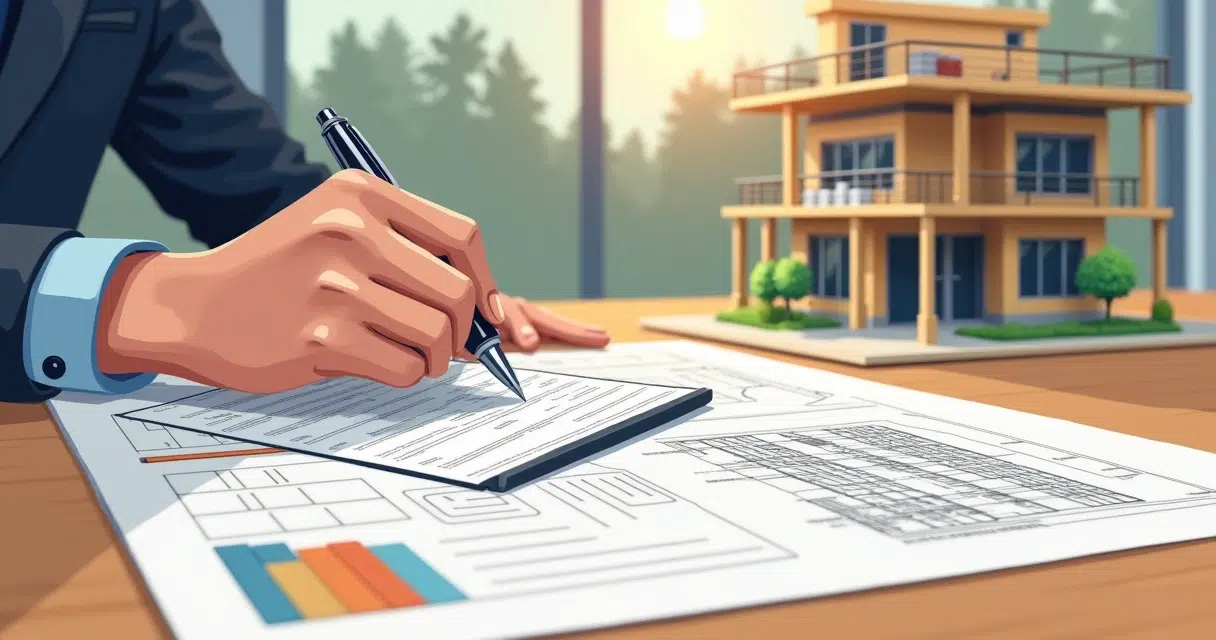 Pessoa assinando contrato de compra de apartamento na planta com caneta sobre mesa de madeira