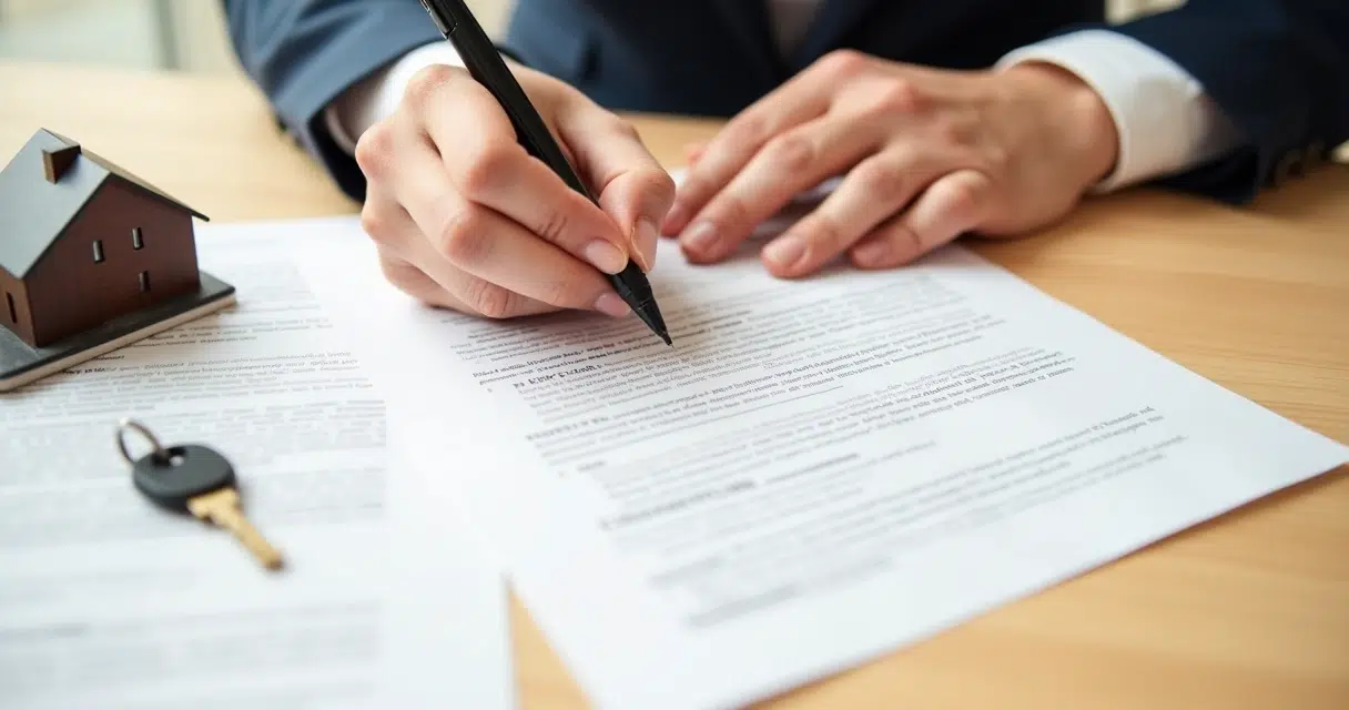 Mãos assinando contrato imobiliário com caneta preta sobre mesa de madeira clara, com documentos e chave de casa ao lado