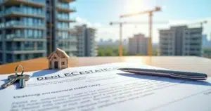 Documento de contrato imobiliário sobre uma mesa com uma caneta e chave de casa ao lado