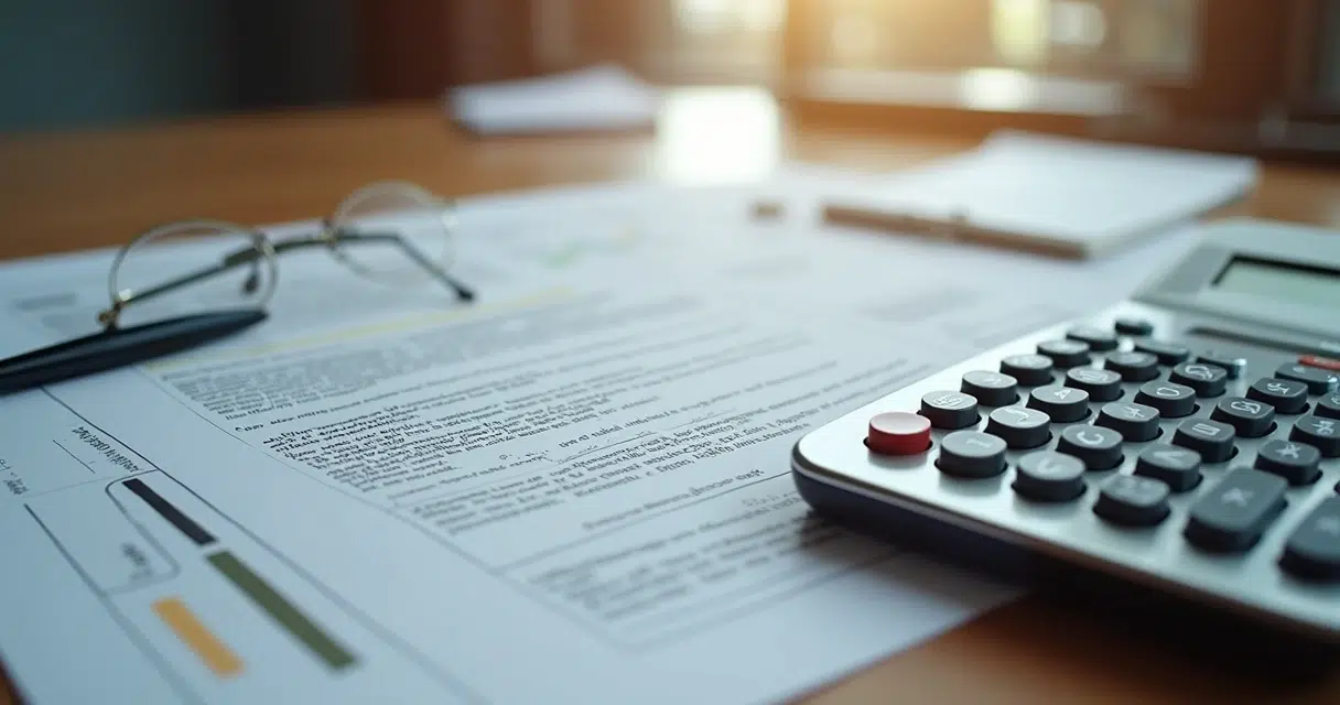 Documento de contrato imobiliário sobre mesa com caneta e calculadora ao lado