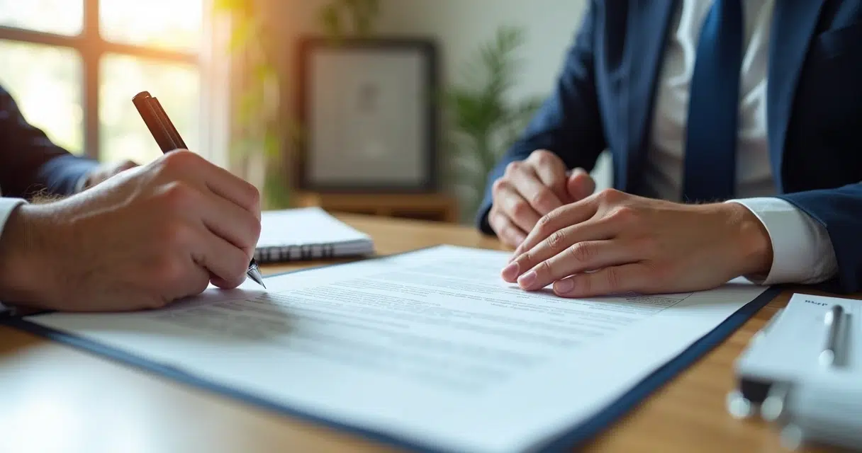 Documento de contrato imobiliário sendo assinado com caneta sobre mesa em ambiente moderno