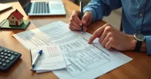 Pessoa revisando contrato imobiliário em mesa com documentos e calculadora